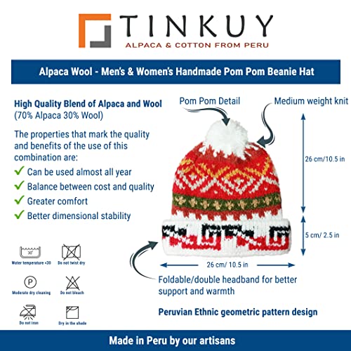 TINKUY Peru Alpaca Wool Winter Beanie, Handmade Bobble Hat, Unisex, One Size - color: White