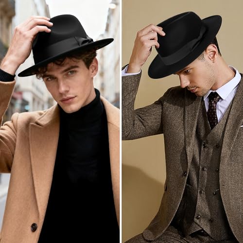 BABEYOND 1920s Fedora Hat for Men Gatsby Wide Brim Hat Felt Panama Cap - color: Black3