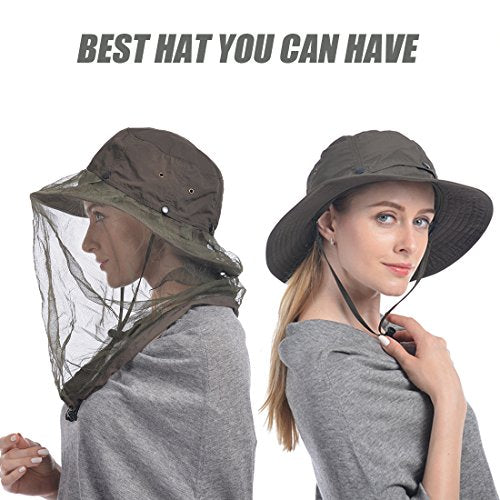 USHAKE Head Net Hat, Safari Hat Sun Hat Bucket Hat with Hidden Net Mesh - color: Green