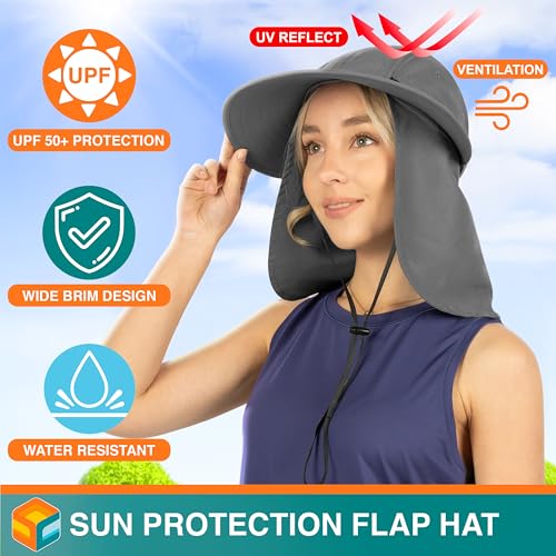 SUN CUBE Womens Sun Hat UPF 50+ with Ponytail Hole & Neck Flap - color: Gray