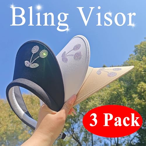 3 Pack Sun Visor Hat Women Shiny Rhinestones Bling Clip On Visors - color: Yt-black, Khaki, White