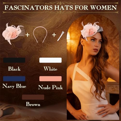 AMCAMI Fascinators Hats for Women Girls 2026 Derby Hats Tea Party Hat with Headband and Clip - color: Nude Pink