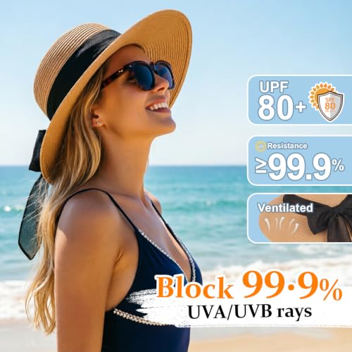 DRESHOW Sun Hats for Women Summer Wide Brim Beach Straw Hat Bowknot Bucket Hats Foldable Floppy Beach Sun Hat UPF 50+ - color: 1 Pack Bowknot Ribbon Hat: Khaki (Black Ribbon)