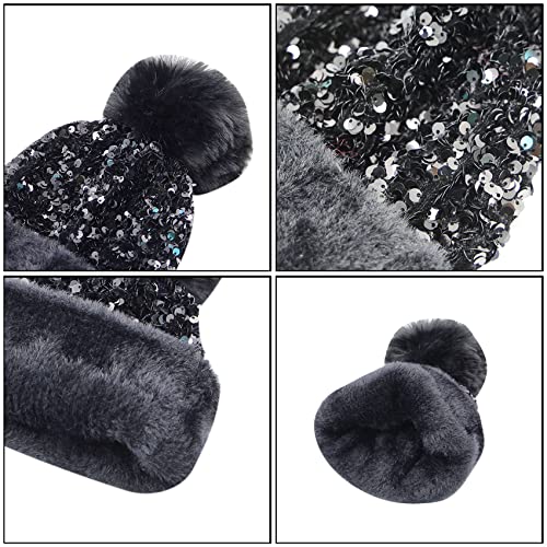 Women Girls Winter Sequin Beanie Hat with Faux Fur Pom Pom Knit Skull Cap - color: Black