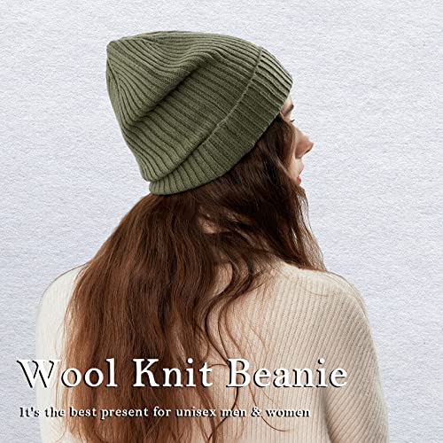 100% Merino Wool Cuff Beanie Hat, Unisex Warm Winter Caps Soft, Breathable & Cozy Stretchy Knitted Cuffed Cap - color: Absinthe Green