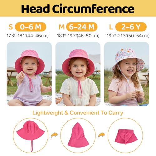 Toddler Bucket Hats UPF 50+ Baby Sun Hat Adjustable Kids Sun Protection Summer Hat Wide Brim Beach Hat for Boys Girls 0-6Y - color: Rose Red+flower, size: 6-24 Months