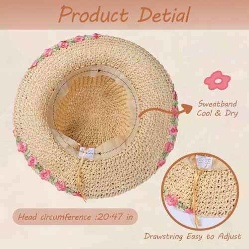 Girls Straw Hat with Flower Round Sunglasses, Summer Foldable Large Brim Sunflower Bowknot Beach Toddler Straw Sun Hat, 2-6T - color: Beige-pink Flower