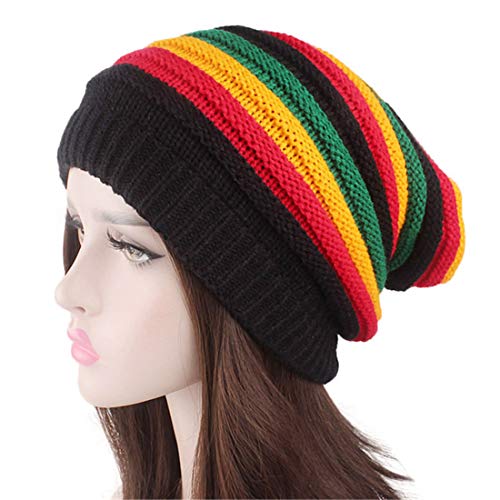 Qhome Fashion Bob Marley Jamaican Reggae Cap Multi-Colour Striped Rasta Hat Slouchy Baggie Beanie Skullies Gorro Rasta Women