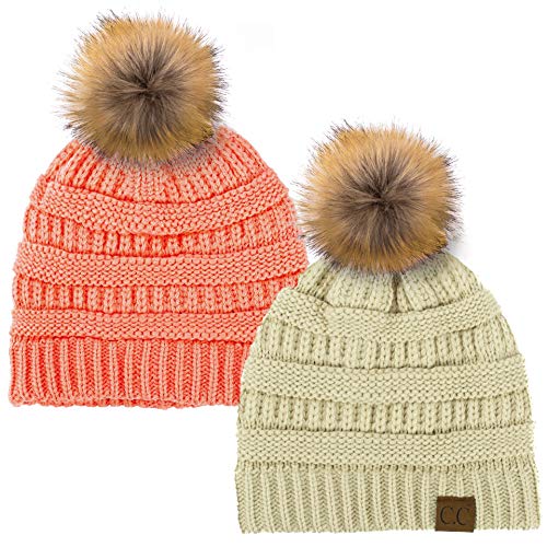 C.C Hat-43 Thick Warm Cap Hat Skully Faux Fur Pom Pom Cable Knit Beanie 2 Pack - color: Beige/Coral