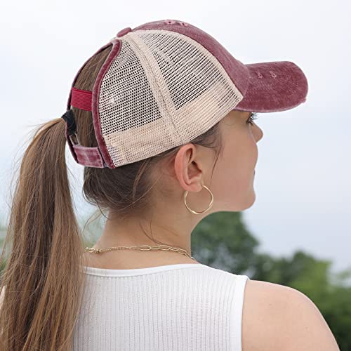 HH HOFNEN Ponytail Hat for Women Washed Distressed Baseball Cap Ponycaps - color: #3 Red+navy+lake Blue+black