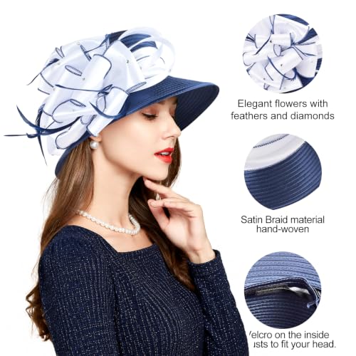 2026 Bucket Hats for Women Ladies Girls, Autumn Winter Fascinator Hat for Derby Kentucky Church Bridal UV Protection - color: A-4585b-dark Blue/White