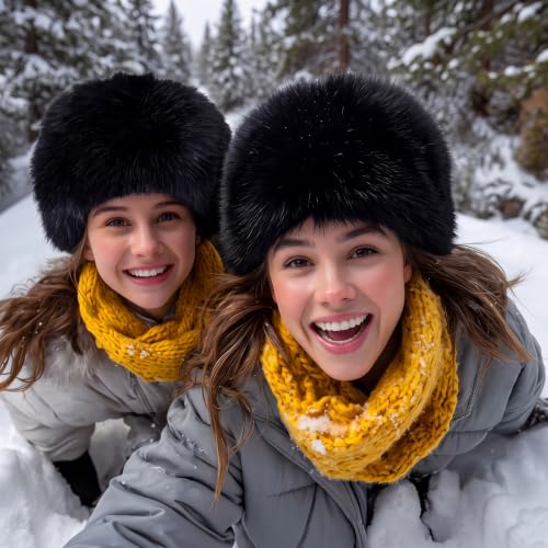 Twistover Women Fur Winter Russian Trapper Hat & Pompoms, Black Ushanka Hat