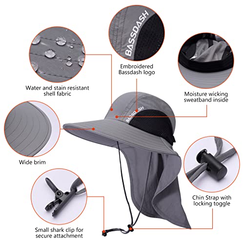 BASSDASH UPF 50+ Unisex Water Resistant Wide Brim Sun Hat with Large Neck Flap Ponytail Fishing Hat for Men Women - color: Light Grey