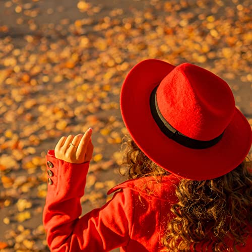 Lady Wide Brim Felt Fedora Panama Hat with Ring Belt - color: Red, size: Medium