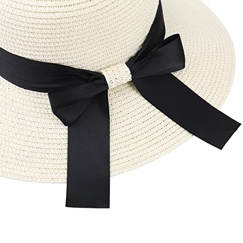 Sun Straw Hat for Women with Wind Lanyard Wide Brim Foldable Beach Summer Hats Womens UV 50+ Protection Bowknot Cap - color: Rose Pink