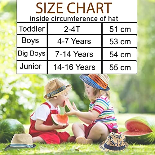 PEAK 2 PEAK Unisex Kids Straw Trilby Fedora Cap Felt Fedora Hat Short Brim Sunhat - color: Navy,white and Green Band, size: 14-16 Years