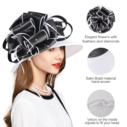 2026 Bucket Hats for Women Ladies Girls, Autumn Winter Fascinator Hat for Derby Kentucky Church Bridal UV Protection - color: A-4585b-white/Black