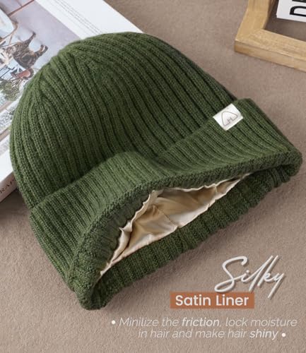 Hat Hut Wool Beanie Satin Lined Winter Hats Slouchy Beanie with Silk Lining Warm Wool Knit Ski Hat Cuffed Cap Women Men - color: Army Green