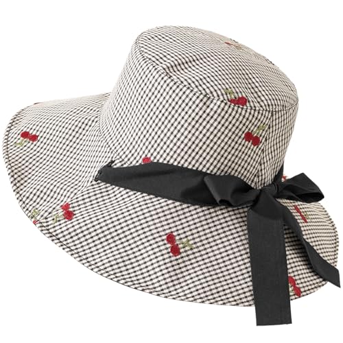 Women's Reversible Bucket Sun Hat with Cherries Embroidered Pattern, UPF 50+ UV Protection, Water Resistant for Beach Hiking - color: Black