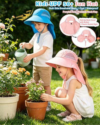 Kids Sun Hat with Neck Flap Ponytail Hole for Girls Boys Toddler - color: Blue