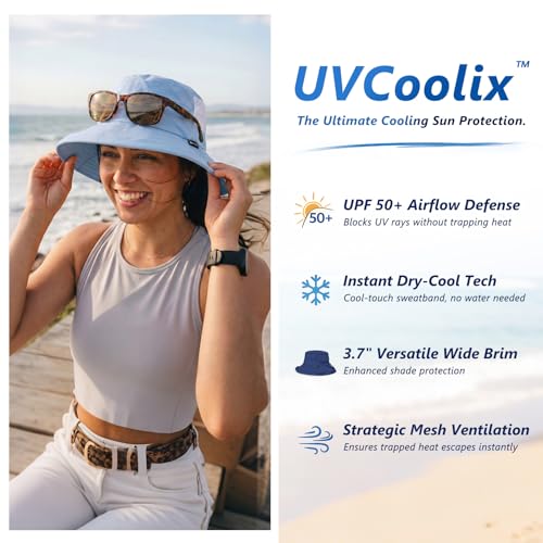 TOP-EX UVCoolix™ Women's Cooling Bucket Sun Hat with Ponytail Hole Wide Brim UPF 50 Packable Summer Travel Outdoor - color: Misty Periwinkle, size: Large-X-Large