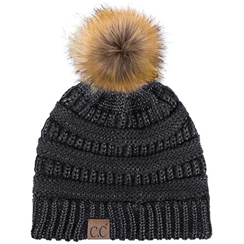 C.C Hatsandscarf Exclusives Unisex Solid Ribbed Beanie with Pom (HAT-43) - color: Black Metallic