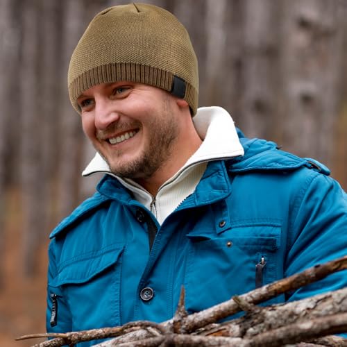 Fleece Lined Mens Beanie Scarf Set Thick Knit Winter Hat Neck Warmer Unisex - color: Khaki