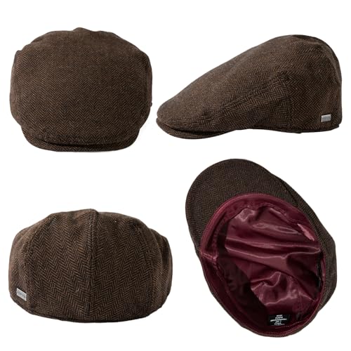 TOP-EX Wool Blend Tweed Newsboy Flat Cap for Men, Satin Lined Adjustable - color: Herringbone-brown, size: 3X-Large