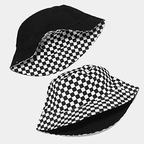Unisex Print Bucket Hat Sun Hat for Women Men,Reversible Cotton Summer Beach Hat Fisherman Hat - color: Checkered