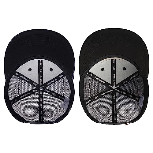 BASSDASH 2 Pack Flat Brim Trucker Cap Adjustable Snapback Hat Mesh Back for Men Women Fishing Hunting - color: Pack of 2,night Digital Camo & Black/Fish Flag