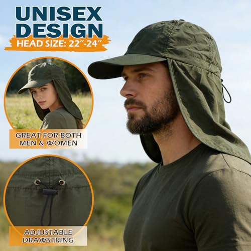 Baseball Sun Cap with Neck Flap, UPF 50+ Waterproof Sun Hat for Men Women - color: Army Green