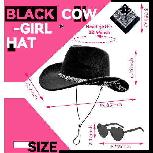 SHENYI Cowgirl Hat and Bandana and Heart Sunglasses Glitter Rhinestone Star Cowboy Hat Western Sparkly Hats for Women Men - color: Black