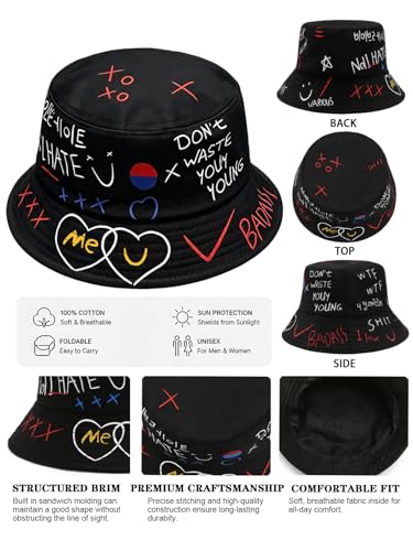 Packable Reversible Printed Bucket Hat Unisex for Men Women Beach Fisherman Cap - color: Black-3