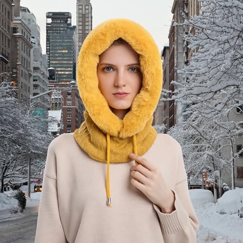HUAMULAN Women Cable Knit Balaclavas Winter Fleece Lined Beanie Hat - color: Yellow