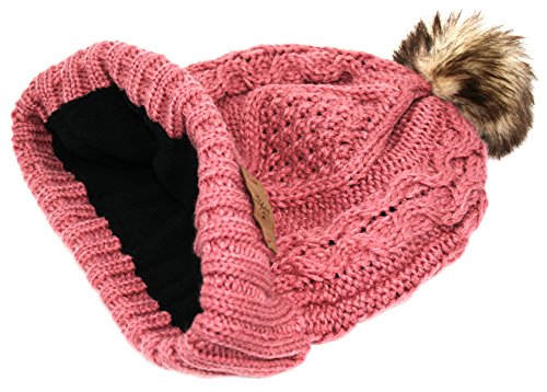 Women's Winter Fleece Lined Cable Knitted Pom Pom Beanie Hat - color: Pink