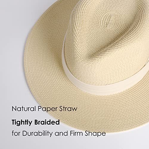 FURTALK Womens Mens Wide Brim Straw Panama Hat Fedora Summer Beach Sun Hat - color: Beige-white, size: Large-X-Large