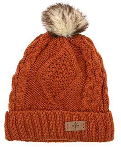 Women's Winter Fleece Lined Cable Knitted Pom Pom Beanie Hat - color: Rust
