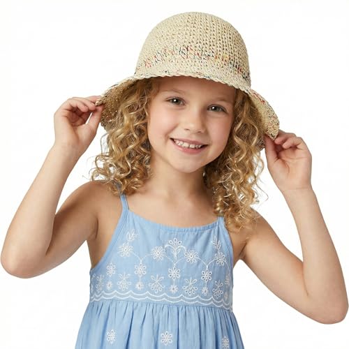 Womens Little Girls Summer Crochet Straw Bucket Hat Colorful Floppy Sun Shade Boonie Cap Wide Brim Beach Vacation Sun Hat - color: Beige, size: Large