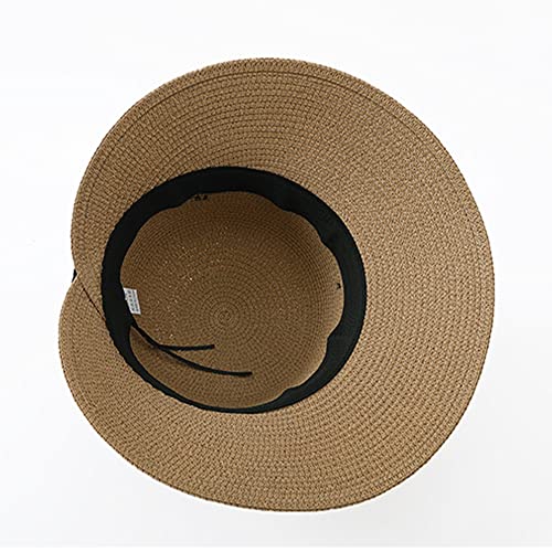 Summer Beach Sun Straw Hats for Women Wide Brim Packable Travel Bucket Hats UPF 50+ - color: Brown, With Black Band
