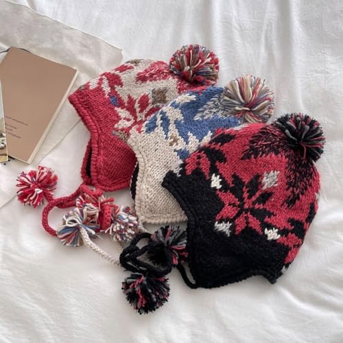 Women Cute Beanie Hat with Pom Warm Ski Snow Ear Flaps Snowflake Fair Isle Pattern Crochet Hats with Fleece Lined - color: Beige