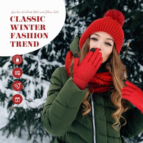 Womens Winter Fleece Lined Knitted Beanie Hat Glove Set, Warm Pom Pom Beanie Knit Cap Touchscreen Gloves for Women - color: Wine Red