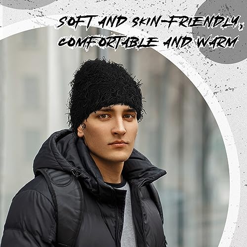 Chuarry Distressed Knitted Beanie Fuzzy Winter Hat - color: Black