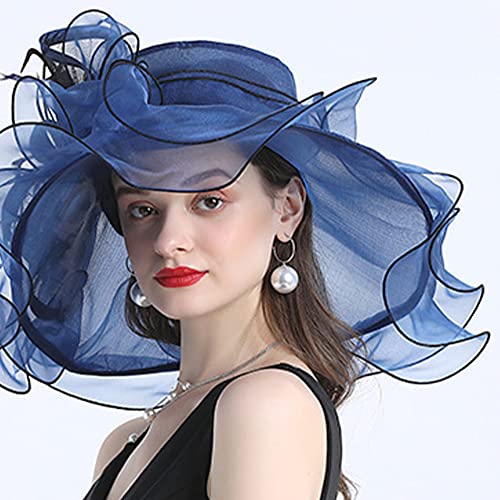Women Party Church Derby Top Hats Organza Sun Visor Cap Ladies Flowers Fascinators Big Wide Brim Fedoras - color: Blue 7