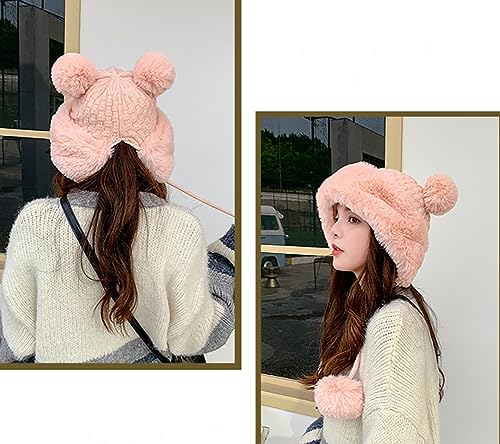 Winter Pompom Beanie Hats Women Knit Womens Beanie Faux Fur Crochet Skull Cap Warm Bucket Outdoor Ear Cover - color: Pink