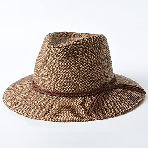 FURTALK Womens Wide Brim Sun Hat Beach Panama Fedora Straw Summer - color: Coffee Brown, size: Medium-Large