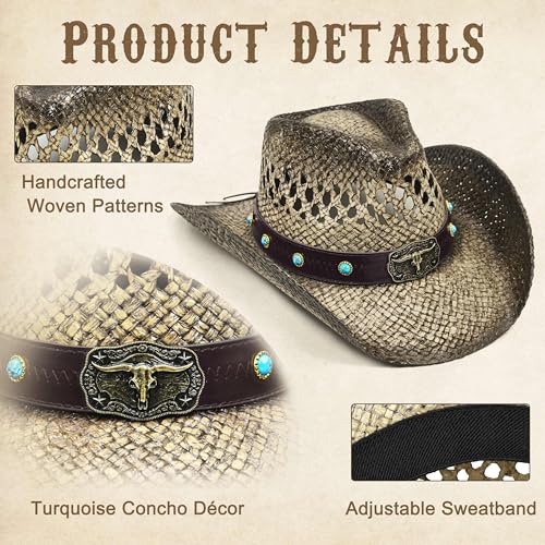 FLUFFY SENSE. Cowgirl Hats for Women Straw Cowboy Hat Western Beach Sun Hat with Shapeable Brim for Coastal Cowgirl - color: Faded Ash Brown