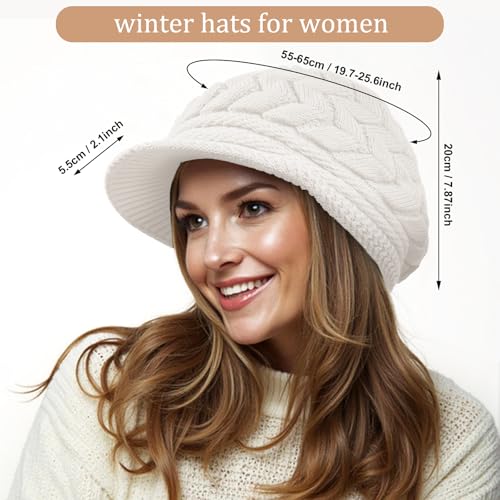 Loritta Womens Winter Beanie Hats, Thick Warm Beanie with Visor Brim - color: White