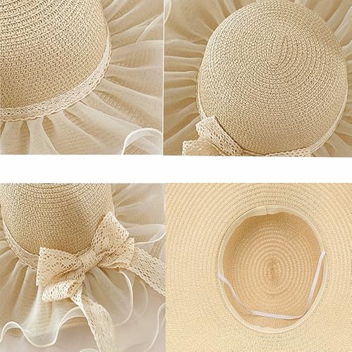 Women Summer Straw Hat Sun UV Protection Wide Brim Breathable Beach Visor Hats - color: Beige