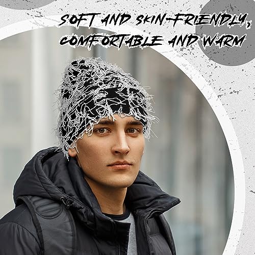 Chuarry Distressed Knitted Beanie Fuzzy Winter Hat - color: Black and White