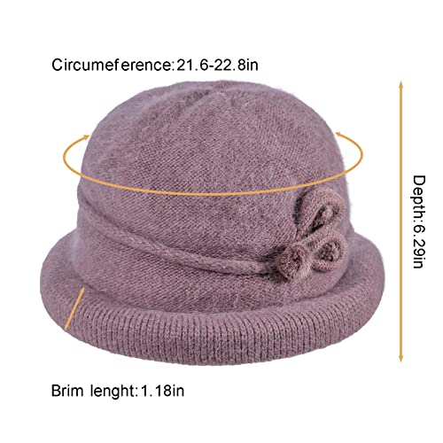 Women Winter Knit 1920s Vintage Bucket Bowler Hat Round Brim Warm Hat - color: 1taro Purple